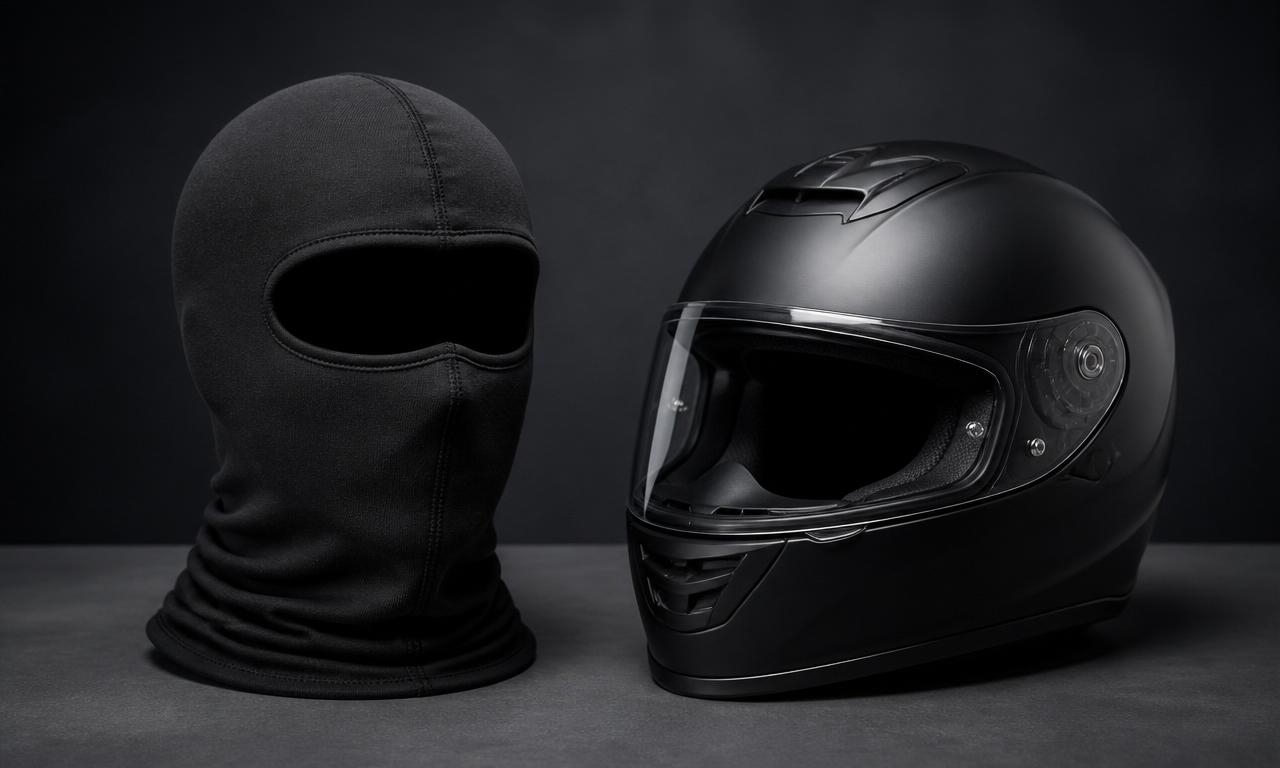 Svart MC-balaclava bredvid en modern integralhjälm